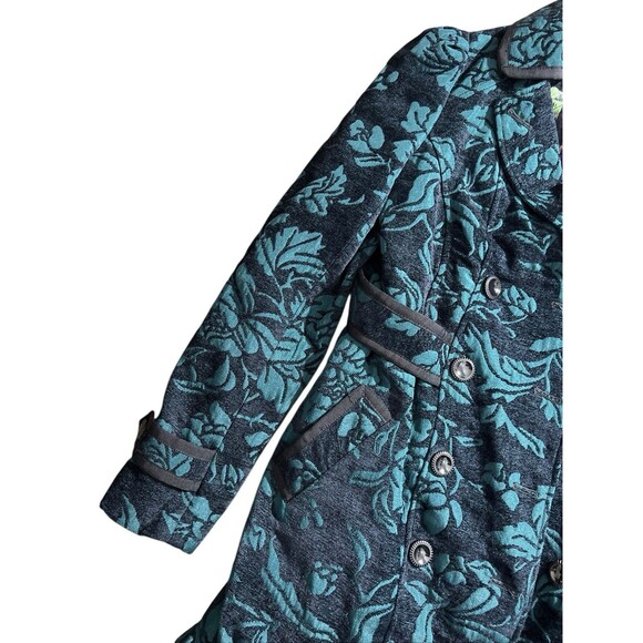 Elevenses Teal Emerald Isle Brocade Ruffled Victorian Puff Sleeve Coat Sz 2 - Picture 8 of 16